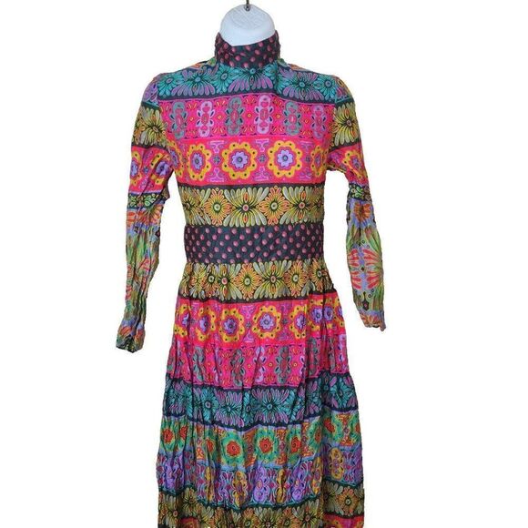 Vintage 60s Maxi Dress Womens Size S Neon Floral Paisley Groovy Hippie Boho - Picture 12 of 13